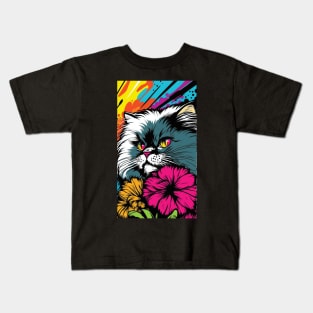 Persian Cat Vibrant Tropical Flower Tall Retro Vintage Digital Pop Art Portrait 5 Kids T-Shirt